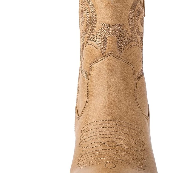 Tan Western-style Ankle Boots with Decorative Stitching and Pull Tab - Picture 3 of 5